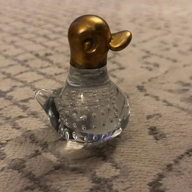 Vintage Blown Glass & Brass Duck Bullicante Controlled Bubbles Figurine Paperweight - 3.5”