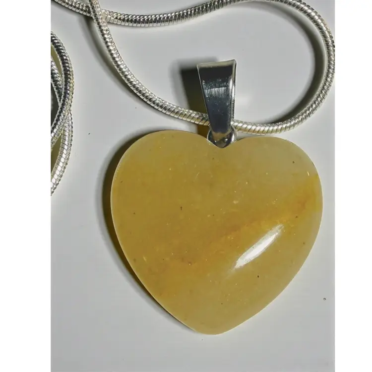 Silver Tone Yellow Aventurine Heart On New 20” Chain Necklace