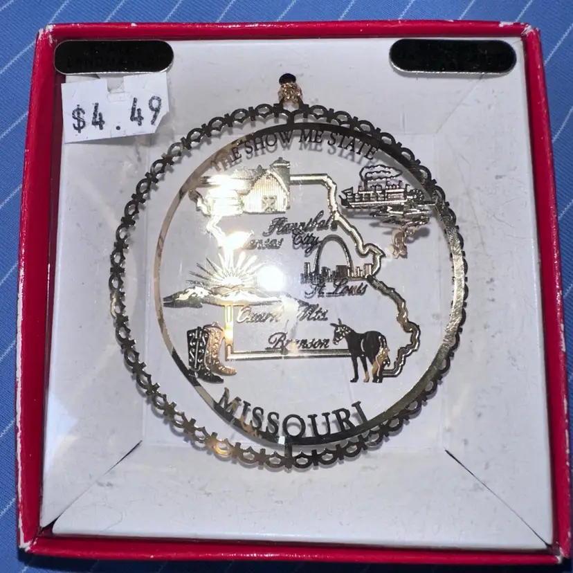 NOS In Box Unused Vintage Nation’s Treasures Genuine 24K Gold Flashed Brass Ornament Missouri