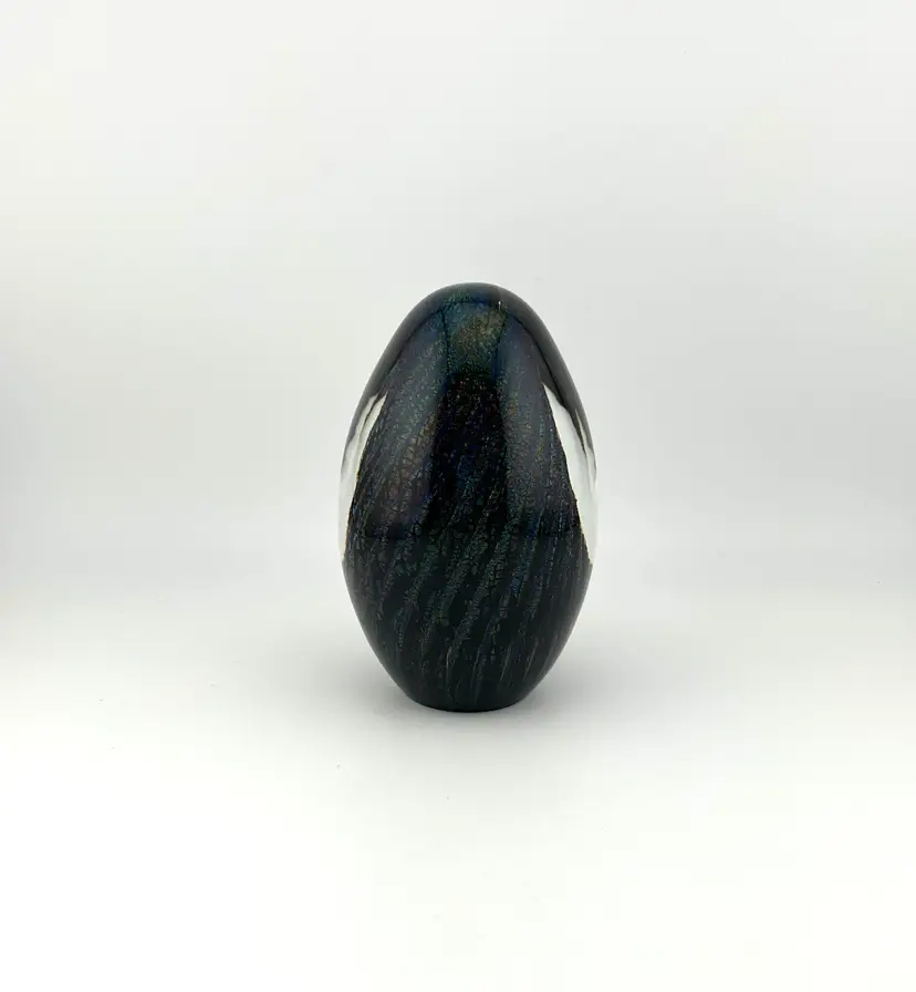 Vintage 1984 Eickholt Black Dichroic Glass Egg Paperweight 2.25”x 4.25”