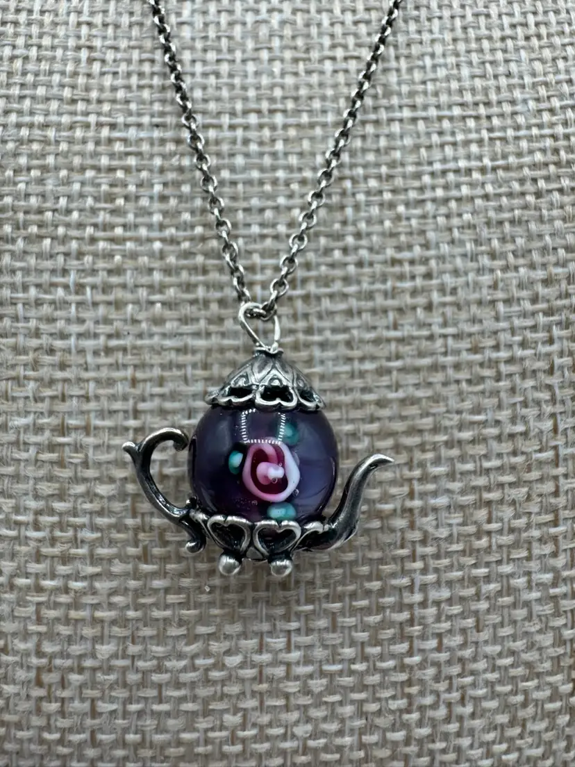 Vintage Tiffany & Co 925 Sterling Silver Marked Peretti Spain Chain With Murano Glass Bead 925 Sterling Silver Tea Pot Charm