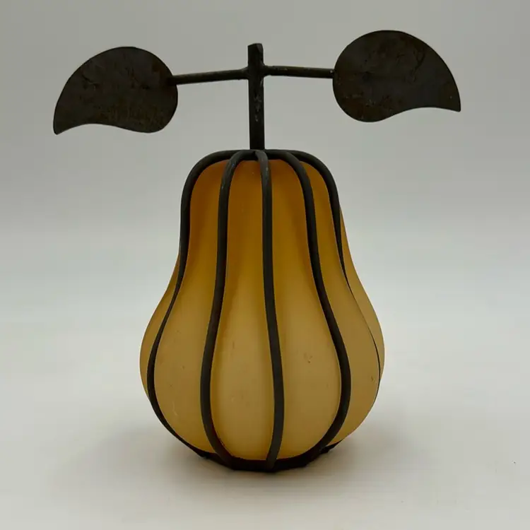 Vintage Blown Bubble Glass, Frosted Pear With Metal Caging. Brutalist Votive