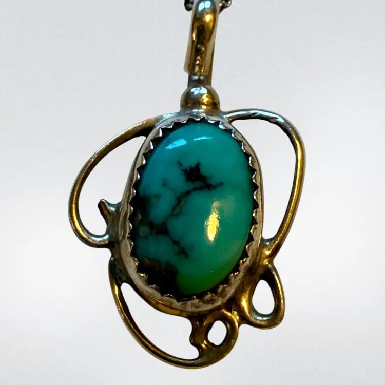 Vintage Sterling Silver, Native American Turquoise Pendant on 16” Sterling Silver Chain, 4.4g