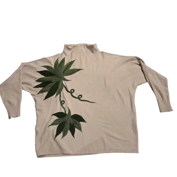 Aaeda Sweater M Needle Felted Flowers Artsy Whimsical Mock Neck Dolman Sleeves