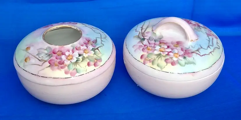 Vintage Hand-Painted Porcelain Powder Jar & Hair Receiver Set