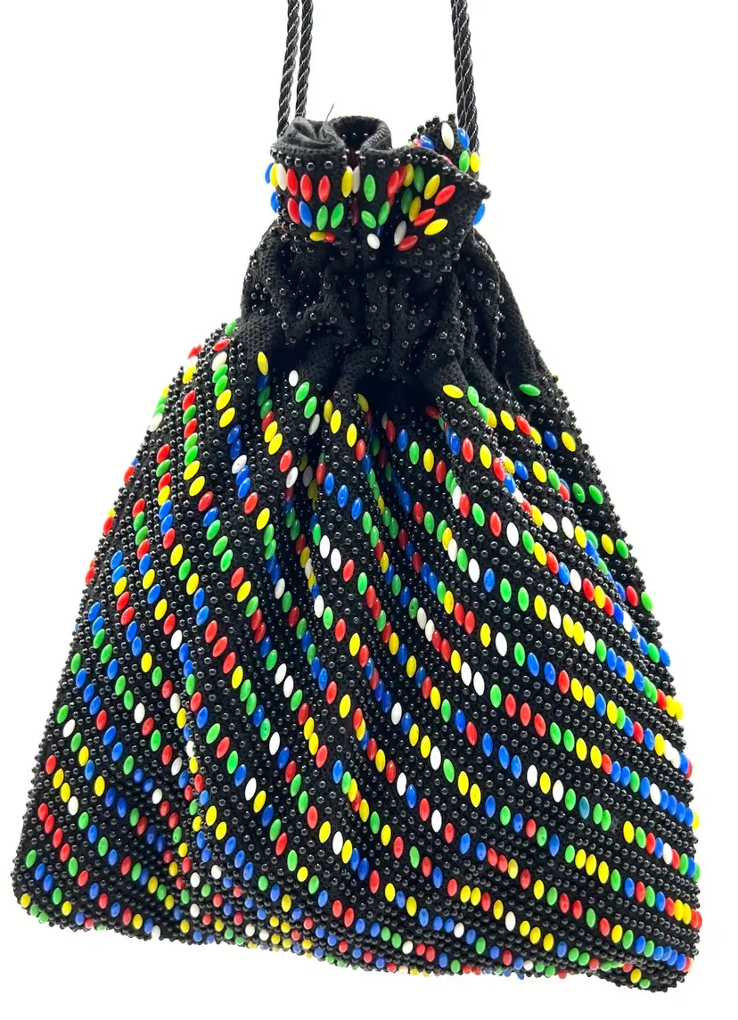 Colorful 60’s Beaded Purse, Cord Drawstring, Blue,Yellow, Green Beads, Black Bead Background, Dance Bag, Vintage Beaded Bag