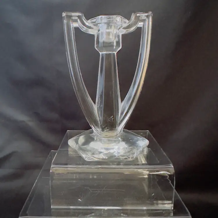 #1968 Art Deco Jefferson Krystol Chippendale Mini Double Handle Clear Glass Crystal Candle Stick Holder