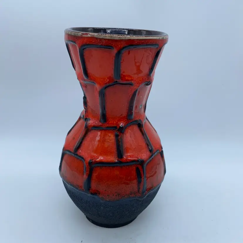 #2259 Carstens A vintage West German "Fat Lava" ceramic vase with red and black glaze (Flaw) 7”