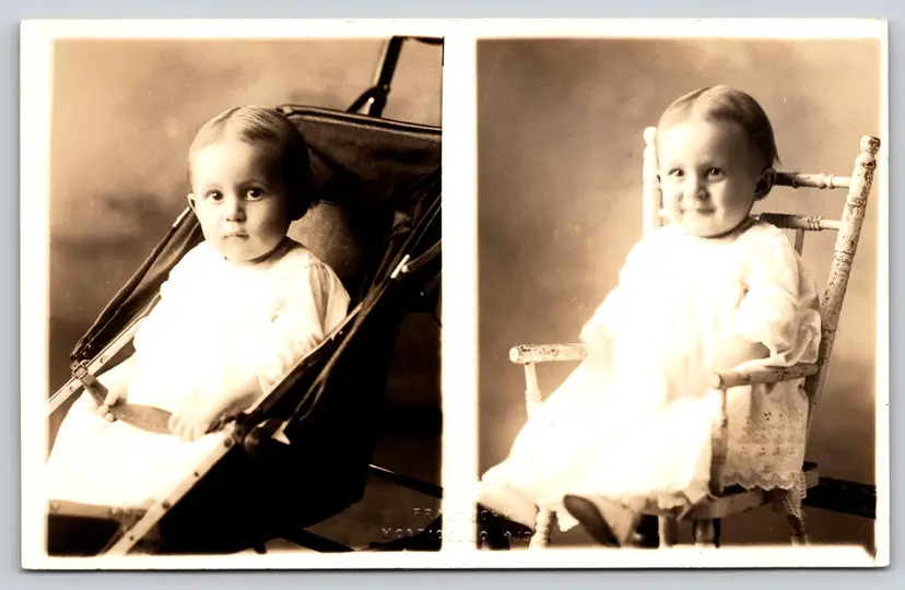 Postcard RPPC Cute Seated Baby Multiview Real Photo Stroller and Chair -  9306