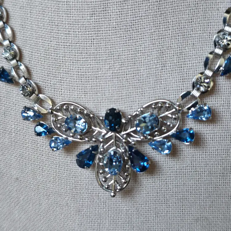 Vintage Light and Dark Blue Rhinestone Choker Necklace Silver Tone