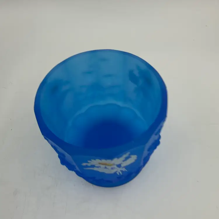 Vintage Westmoreland Blue Pedestal Satin Glass Candy Dish With Lid With A Daisy Design.  Has Small Chip On Lid.