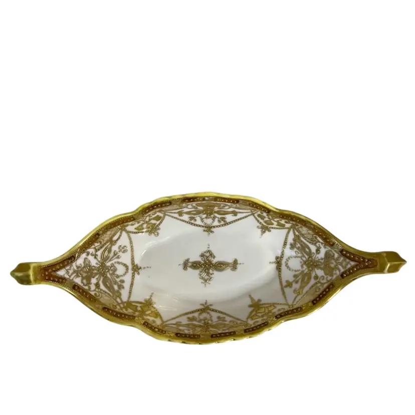 Antique Nippon Celery/Candy Dish Hand Painted Porcelain Intricate Gold Moriage Detailing
READ
10”L x 2-1/2” T x 4” W