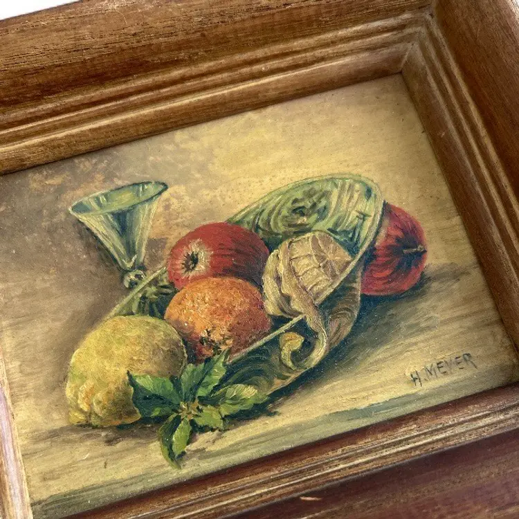 Vintage Signed H Meyer Fruit And Goblet Still Life Original Oil Mini Painting