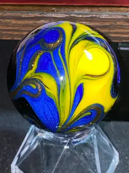 Unknown Maker 1.5" Gold, Dark Blue And Yellow Lutz Marble Front And Back Photos