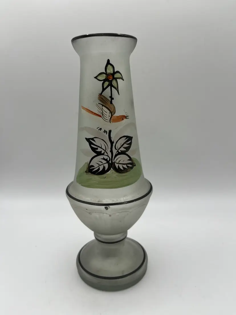 Antique Bristol Flower Vase White Satin Glass Floral Bird Butterfly Hand Painted