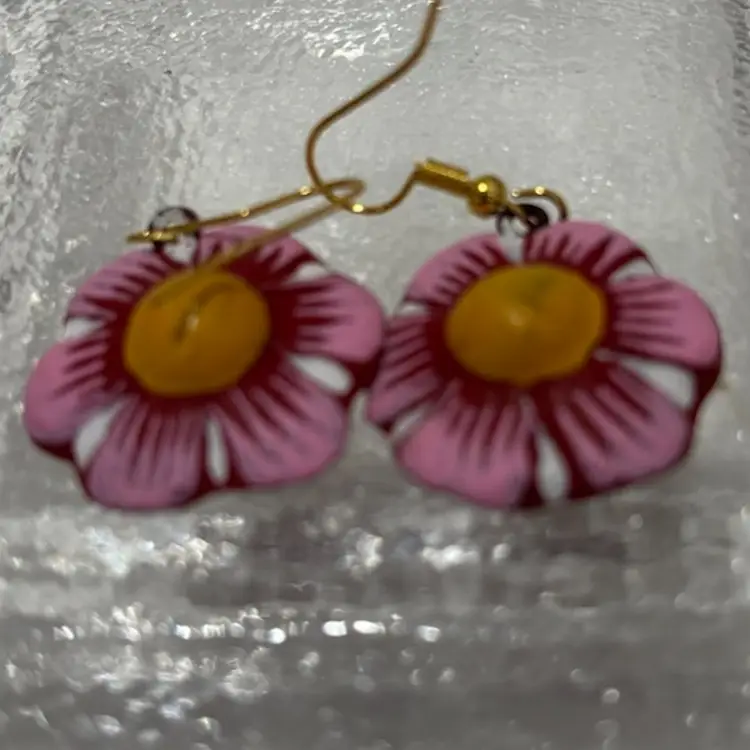 Talavera Mexican Pottery Flower Pink and Yellow Earrings
