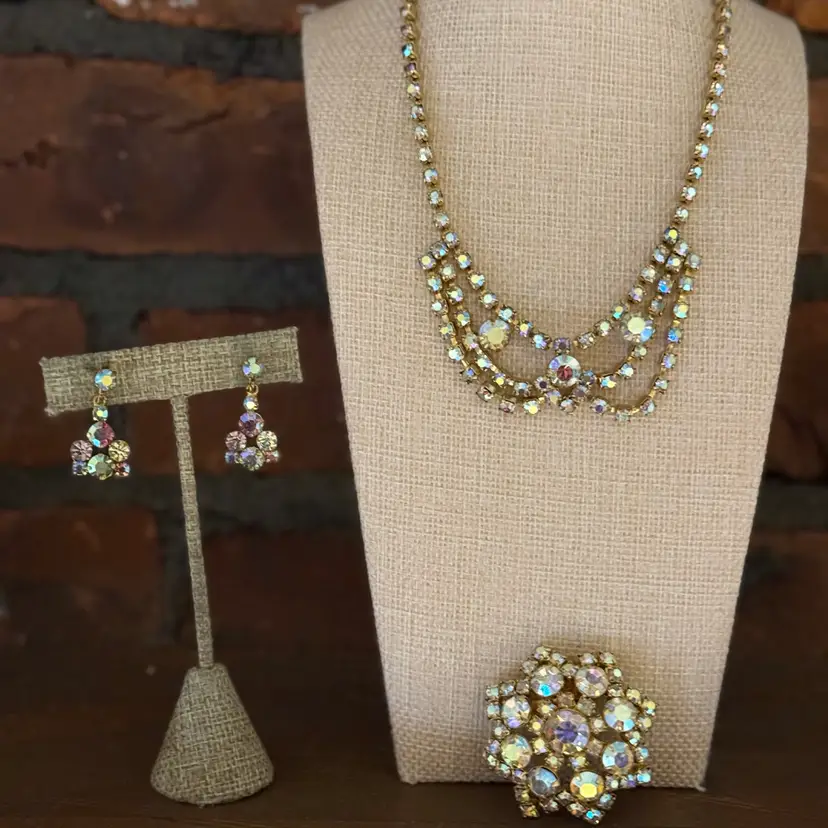 Vintage AB Necklace, Brooch, And Earrings Set