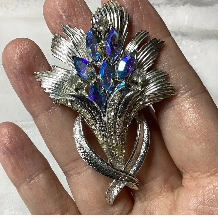 Vintage Silver Tone Coro Brooch Blue And Clear AB Rhinestones 2 3/4”
