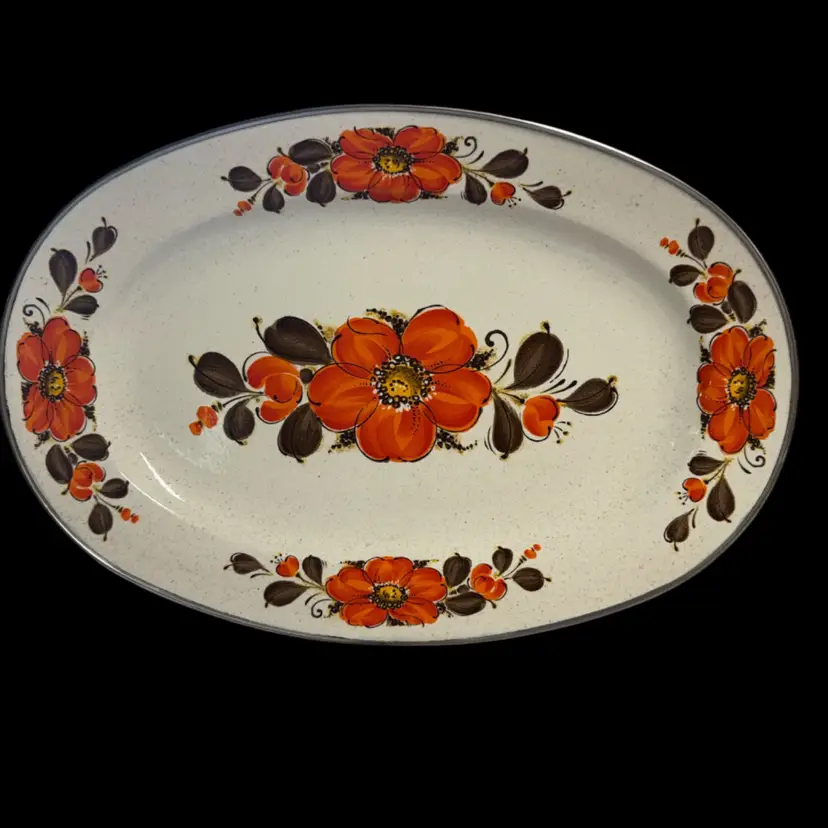 18”x12” Vintage Sanko Ware enamelware platter with hand-painted orange floral design.