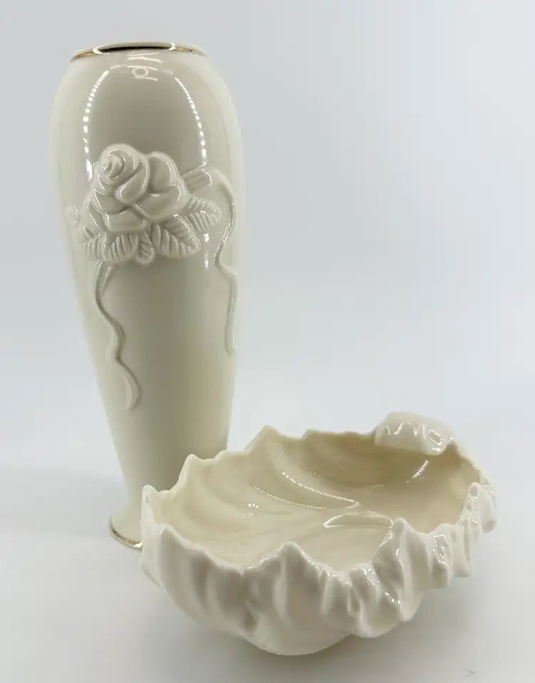 Lot Of 2 Lenox Porcelain Pieces Rose Vase & Cream Acanthus Leaf  Dish