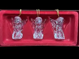 #01 - Gorham Set Of 3 Winged Angels w/ Gold Tassels Crystal Christmas Ornaments / Box