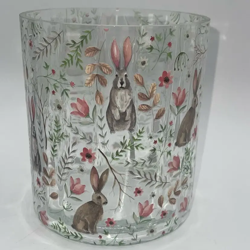 glass Hurricaine/ Candle Holder Painted Bunnies And Flowers EASTER