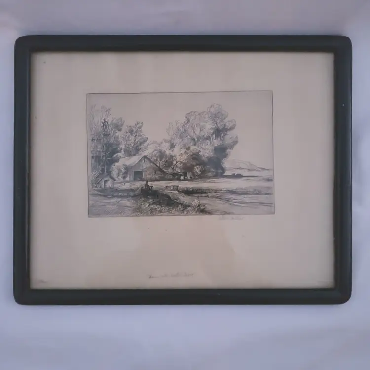 Art Work ARTHUR MILLIER Farm with Water Tower - Hand Signed Framed (12.5 x 9.75") Etching