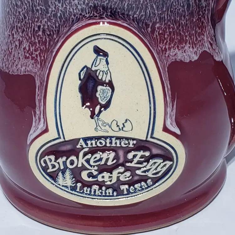 Deneen Pottery Another Broken Egg Lufkin Texas 12 oz Hand Thrown Burgundy Mug