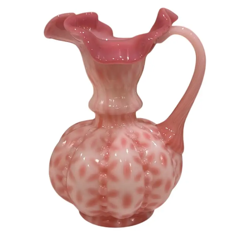 Fenton Glass - Rosalene Snowflake Optic - Beaded Melon Pitcher w Applied Handle - Etched “Dan Fenton 1991” Signature And Fenton Stamp