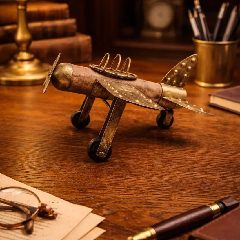 Metal & Wood Aircraft Single-Engine Tail Dragger Piper Airplane Art. Desk, Home Decor