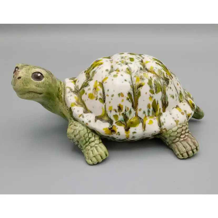 Drip Glazed Ceramic Turtle Figure, Green, Yellow & White, Possibly Hobbyist 6"