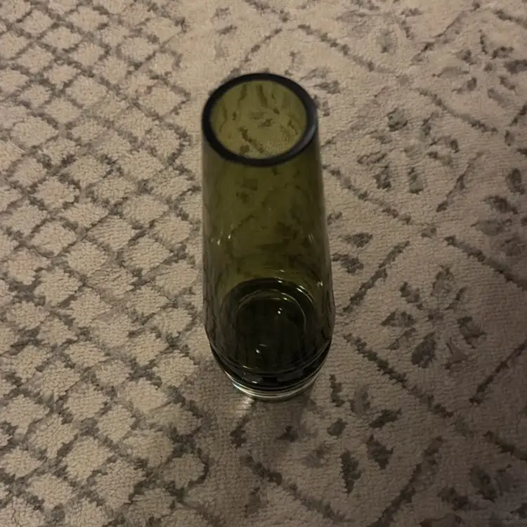 Vintage Finncristall Glass Olive Green Vase with Clear Base - Made in England - 9” tall