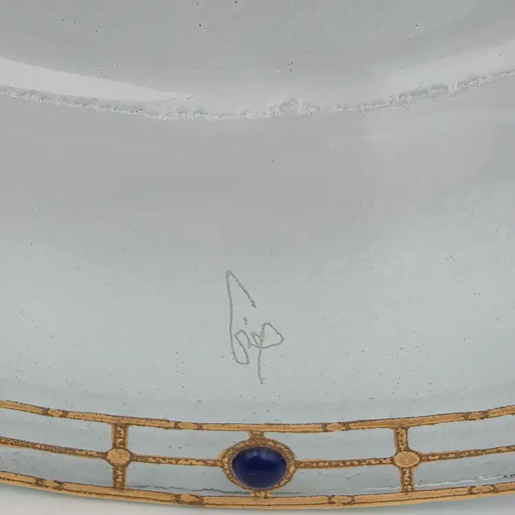 Peter Crisp Art Glass Cake Plate/ Platter With Gilt Rim And Blue Glass Beads Signed