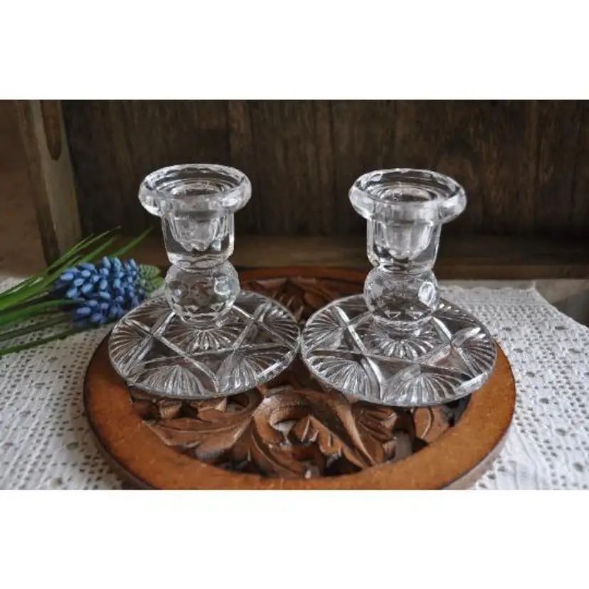 Vintage Crystal Candleholders Pair 3 1/2" Tall