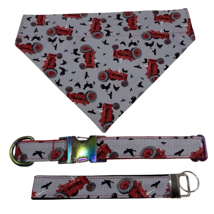 Dog Collar & Bandana Red Farm Tractor Print Large Handmade Heavy Duty NEW