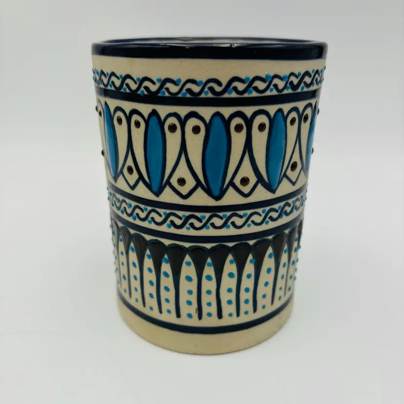 Mexican Pottery Stoneware Tumbler Handpainted Signed CS Mexico 13 fl oz Textured