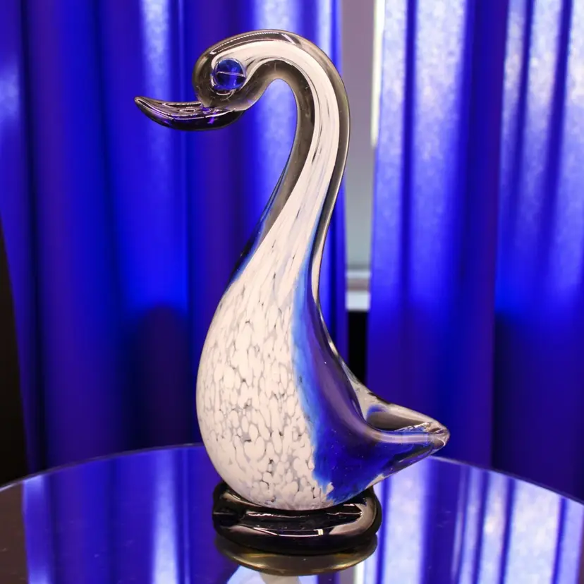 Blue White Speckled Art Glass Duck Figurine 7 3/4” Tall
