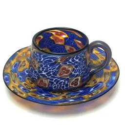 Vintage Italian Venetian Blown Glass Millefiori Demitasse Cup & Saucer Blue Gold