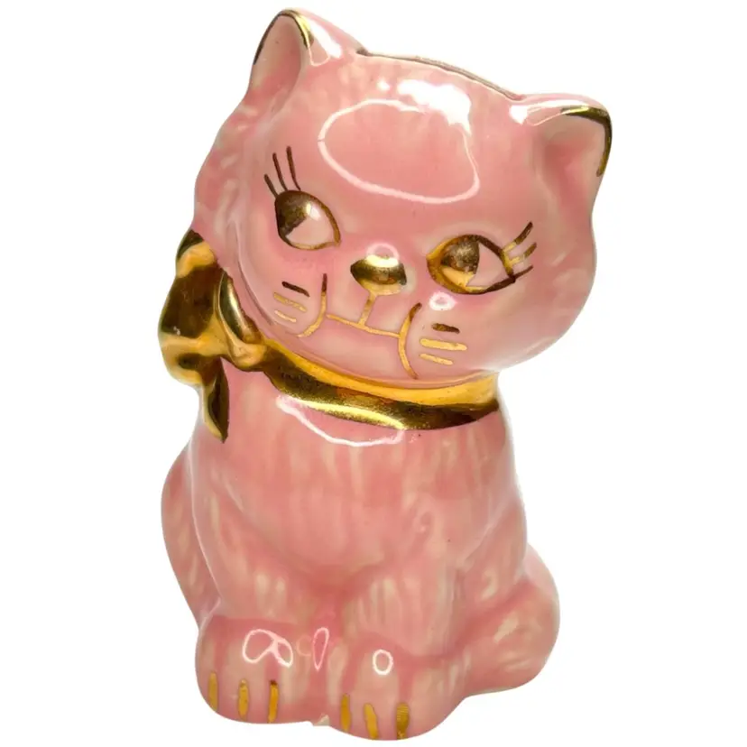 Pink Kitty Cat Vintage Bank. Ceramic with Pink Glaze & Gold Gild Painted Details. 4” x  3” x 2-1/2”.