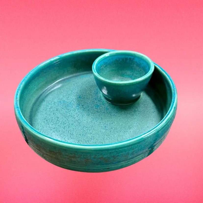 Signed Hand Thrown Ceramic Chip and Dip Bowl, Studio Pottery, Teal Green Glaze