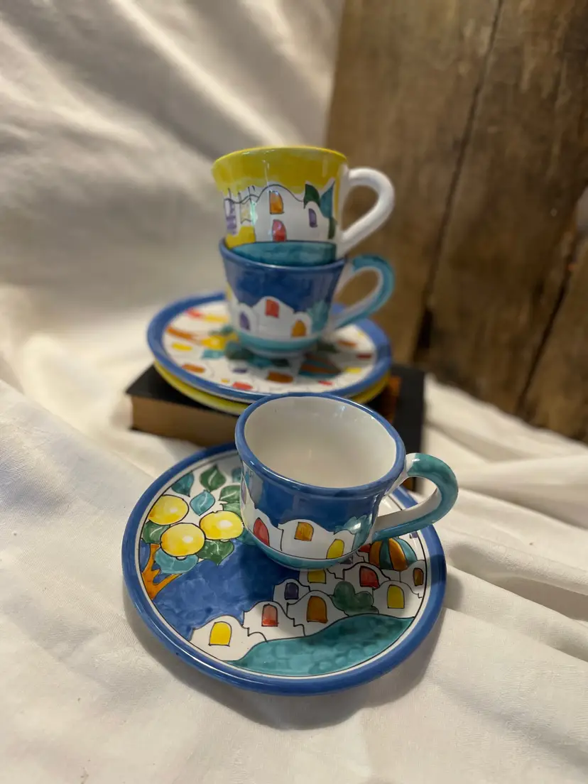 Vintage handpainted plates and espresso cups set of 3 cups and 3 plates Italy Italian