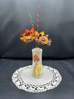 Made By Me Fabric And Button Flowers In A Vintage Porcelain Mushroom Shaker
7” x 3.5”