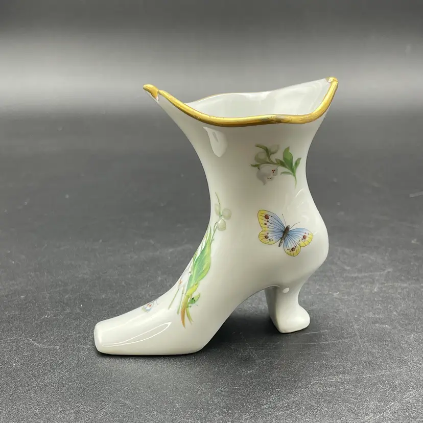 Limoges Hand Painted Porcelain Boot Shoe Butterfly Floral Hat Pin Holder Planter