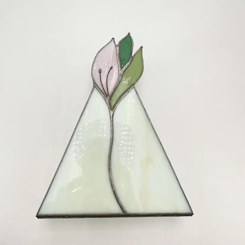 Stained Glass Jewelry Box Mirrored Purple Flower Signed Elyn '86 6"W 7.5" L 2" H B25