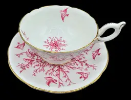 Vintage Coalport Footed Teacup Saucer White Pink Gold Rim Bird Branch Bone China