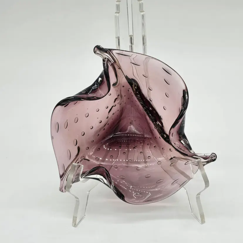 Hand Blown Amethyst Purple Bullicante Folded Art Glass Bowl Polished Bottom