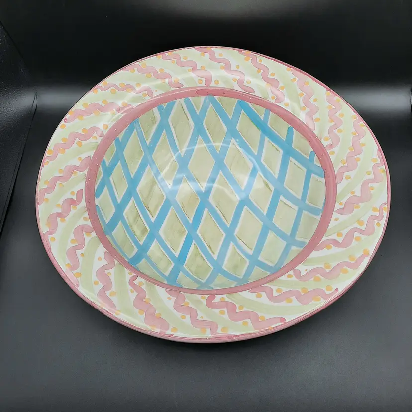 Vintage Mackenzie Childs Walcourt Charmian Large Serving Pasta Bowl Pink Green Blue