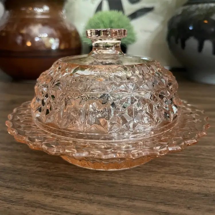 Vintage Jeannette Glass Co Depression Pink Holiday Buttons And Bows Butter Dish