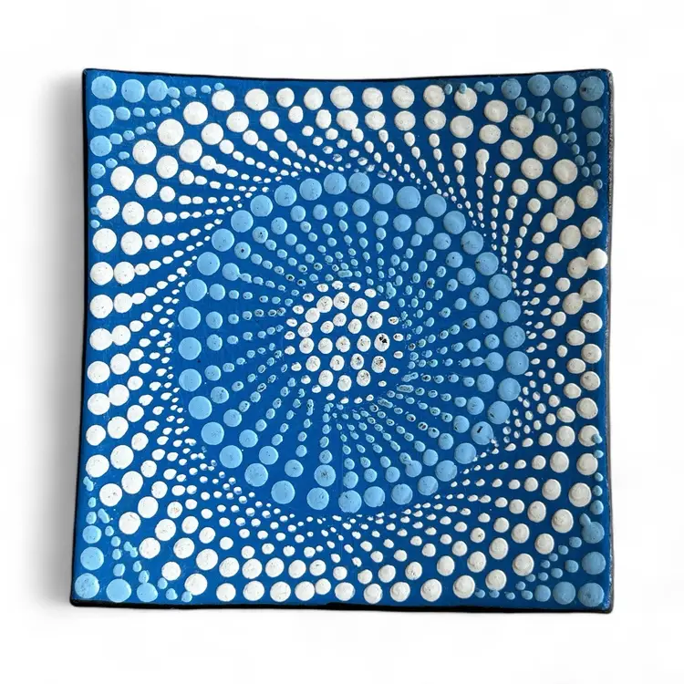 Large And Small Hand Painted Redware Trinket Dish With Blue Polka Dots