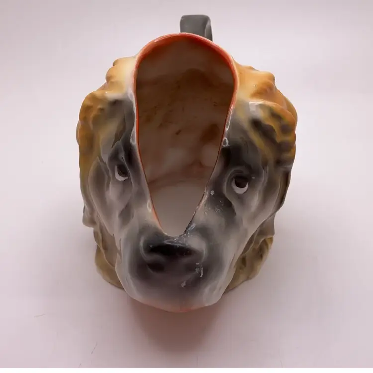 POW3 VTG Royal Bayreuth? St. Bernard Dog Head Creamer Porcelain Handled Pitcher 3.25”